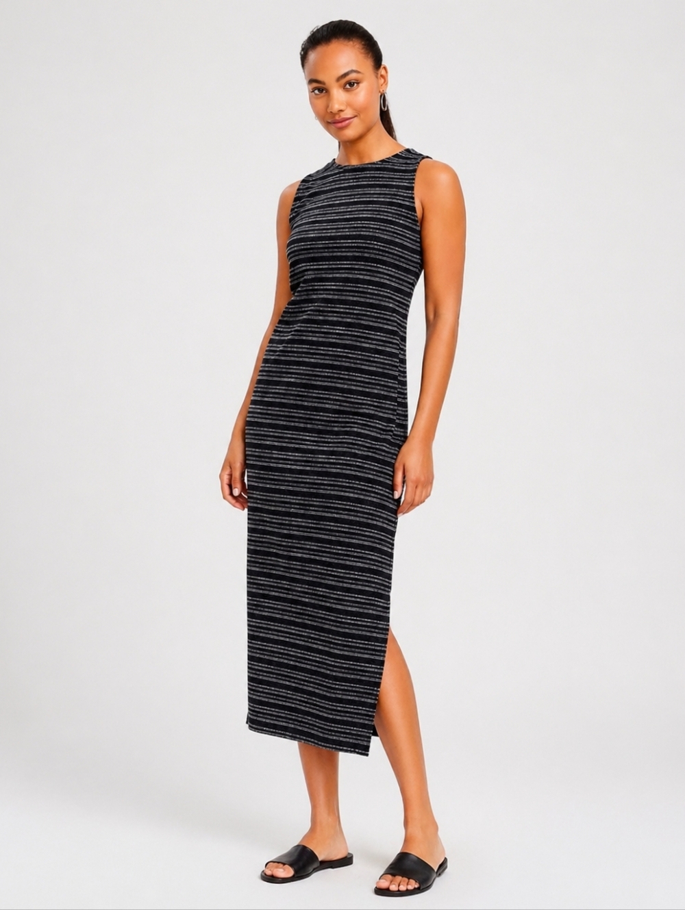 NWT Loft Twist Back Black White Stripe Side Slits Sleeveless Midi Dress SZ Small